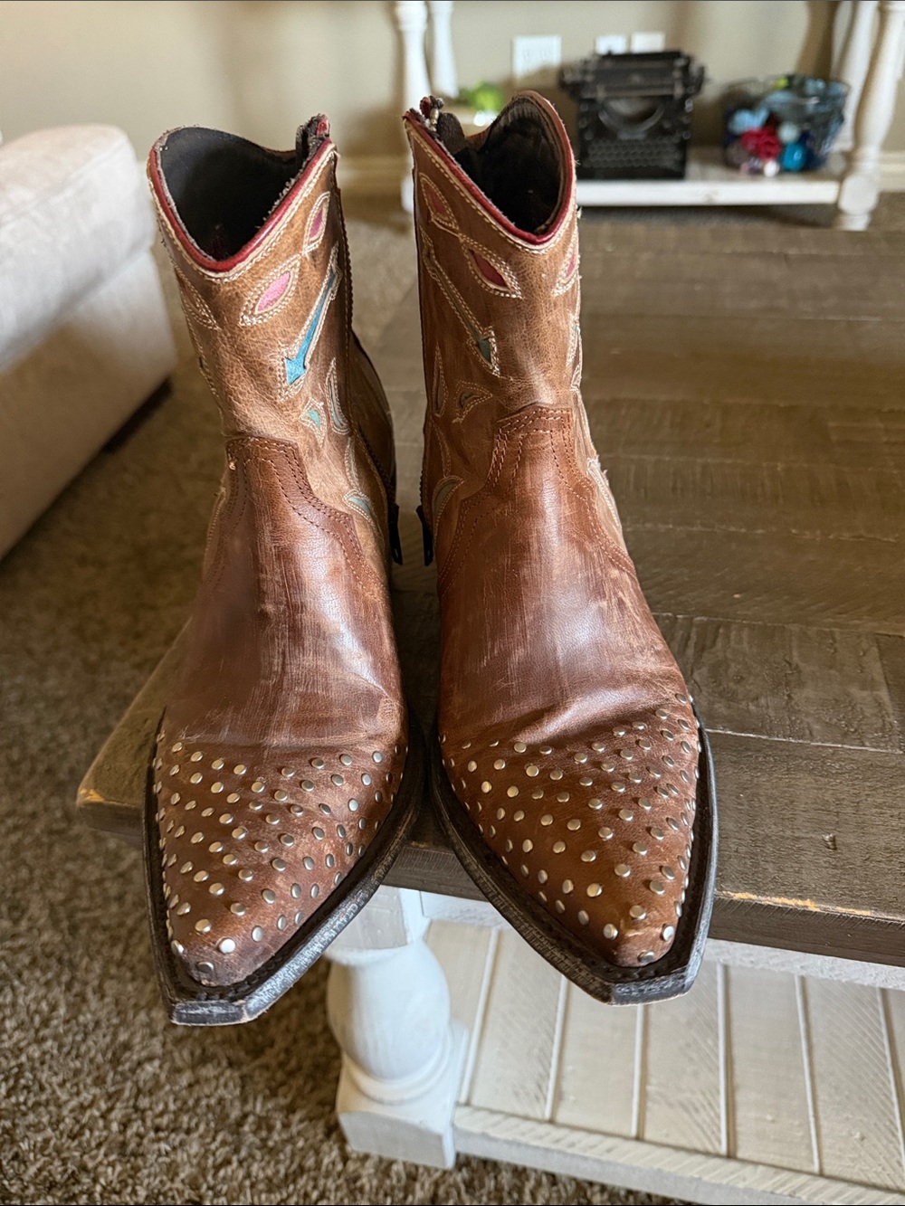 Old Gringo Brown Leather Western Ankle Boots with Colorful Inlay - Picture 2 of 13